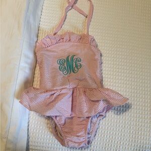 Pink seersucker one piece swimsuit with teal monogram eMc